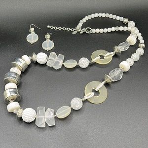 White, Ivory & Silver Beaded Statement Necklace & Earring Set